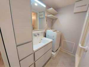 上品なホーロー洗面化粧台は華やかな空間を演出。